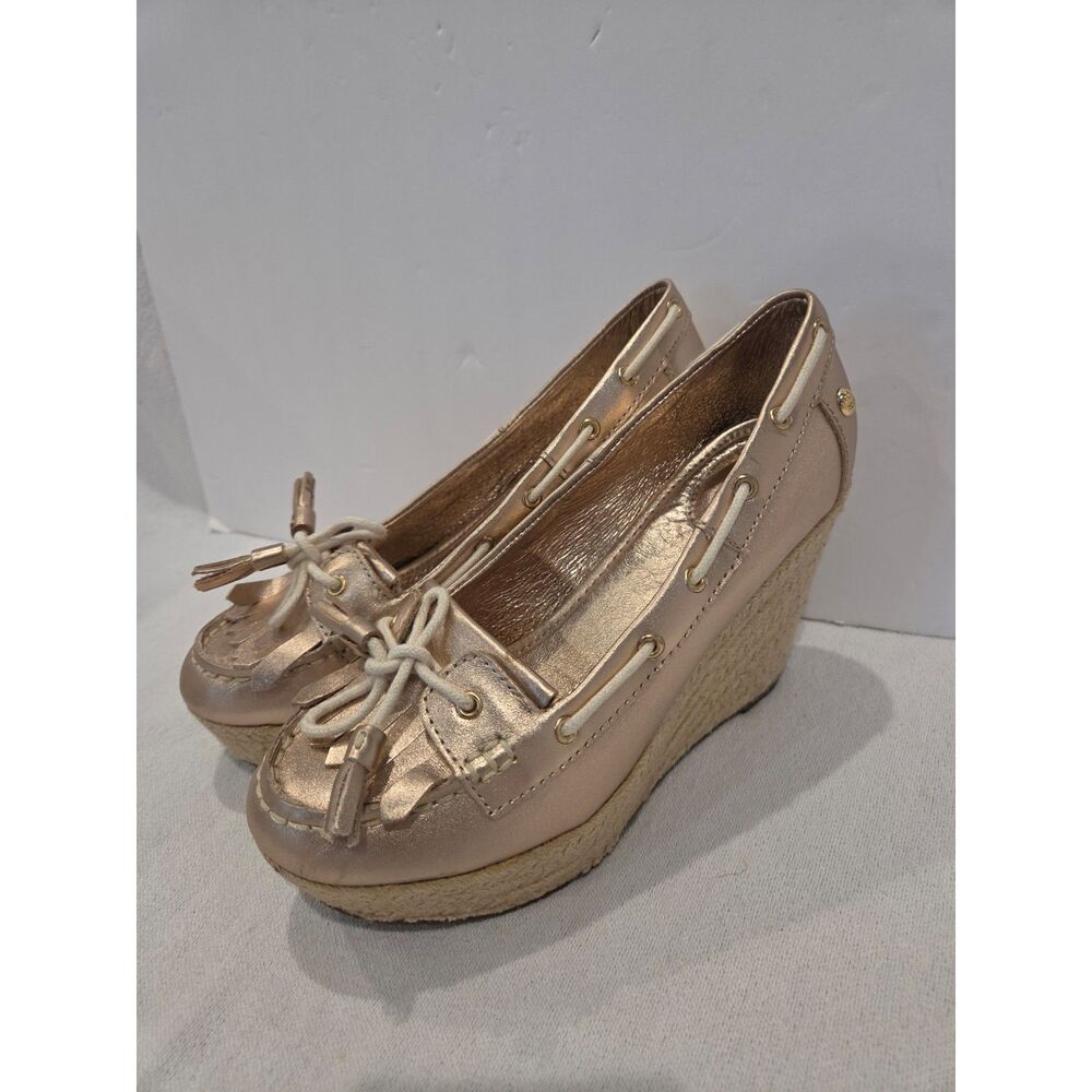 Sebago Priscilla Metallic Rose Gold Boat Shoe Moccasin Wedge Women's US 7.5